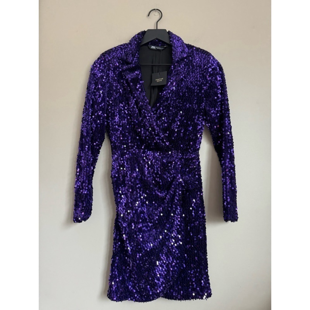 NEW ZARA Sequin Collar Blazer Mini Dress in Purple - Picture 2 of 2